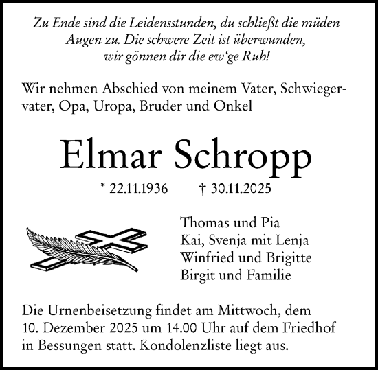 Traueranzeige von Elmar Schropp von Odenwälder Echo