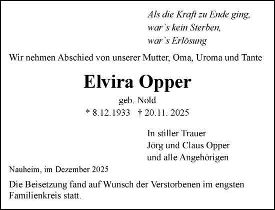Traueranzeige von Elvira Opper von Rüsselsheimer Echo
