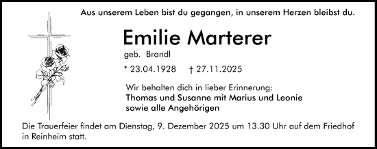 Traueranzeige von Emilie Marterer von Darmstädter Echo