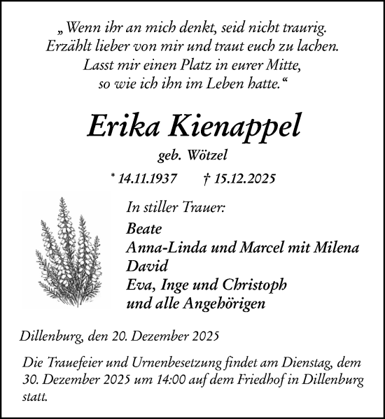 Traueranzeige von Erika Kienappel von Dill Block