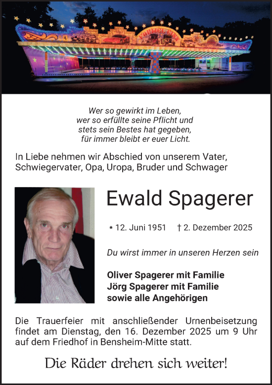 Traueranzeige von Ewald Spagerer von Darmstädter Echo