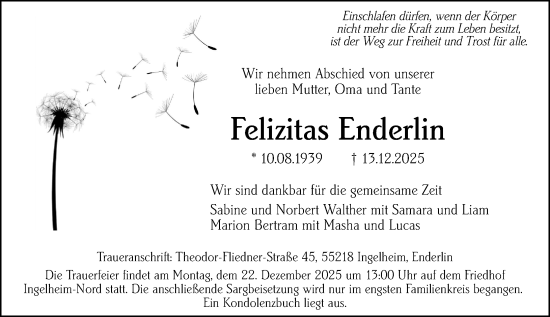 Traueranzeige von Felizitas Enderlin von Allgemeine Zeitung Rheinhessen-Nahe