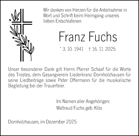 Traueranzeige von Franz Fuchs von Wetzlarer Neue Zeitung