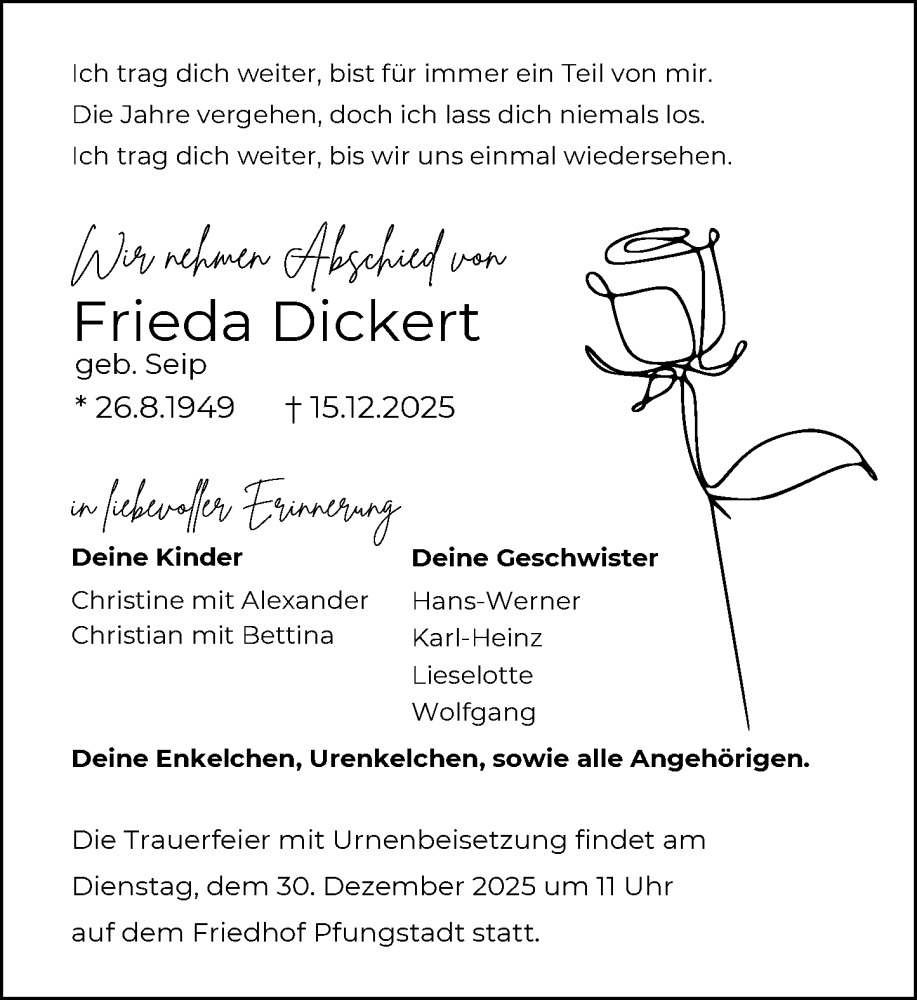  Traueranzeige für Frieda Dickert vom 20.12.2025 aus Darmstädter Echo