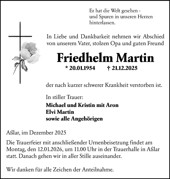 Traueranzeige von Friedhelm Martin von Wetzlarer Neue Zeitung