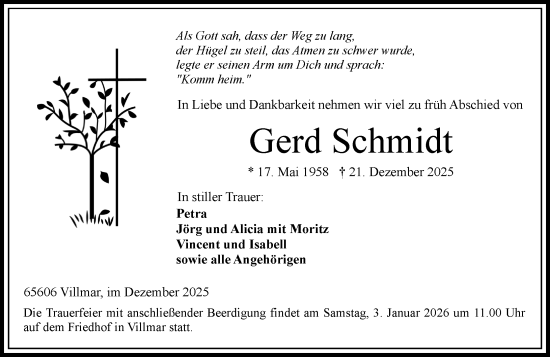 Traueranzeige von Gerd Schmidt von Weilburger Tageblatt