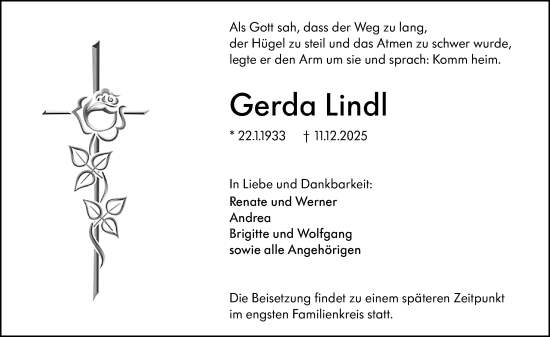 Traueranzeige von Gerda Lindl von Wetzlarer Neue Zeitung