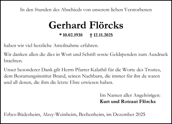 Traueranzeige von Gerhard Flörcks von Allgemeine Zeitung Alzey