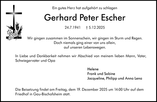 Traueranzeige von Gerhard Peter Escher von Allgemeine Zeitung Mainz