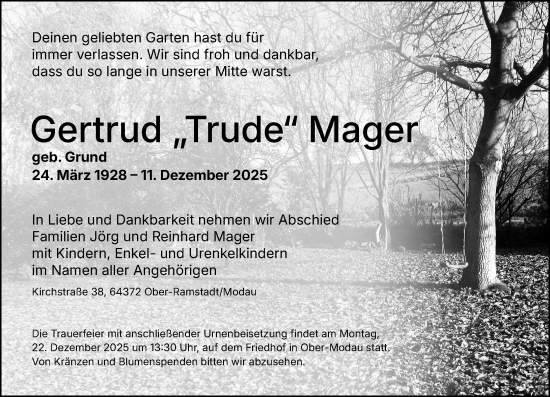 Traueranzeige von Gertrud Mager von Darmstädter Echo