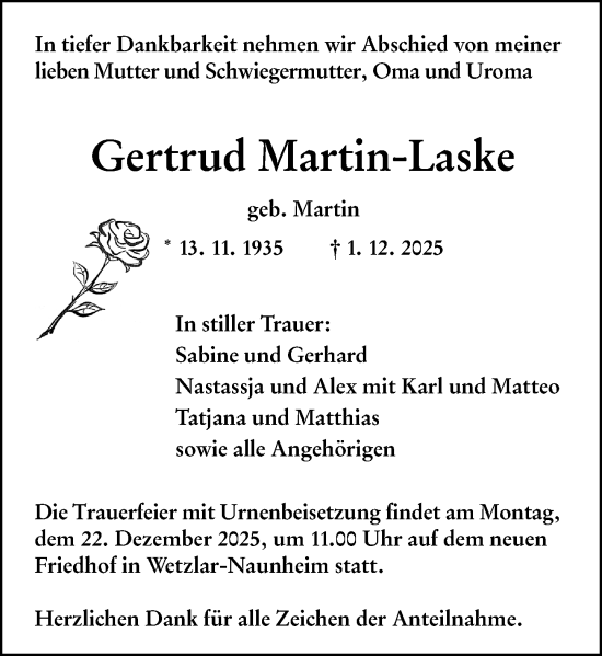 Traueranzeige von Gertrud Martin-Laske von Wetzlarer Neue Zeitung