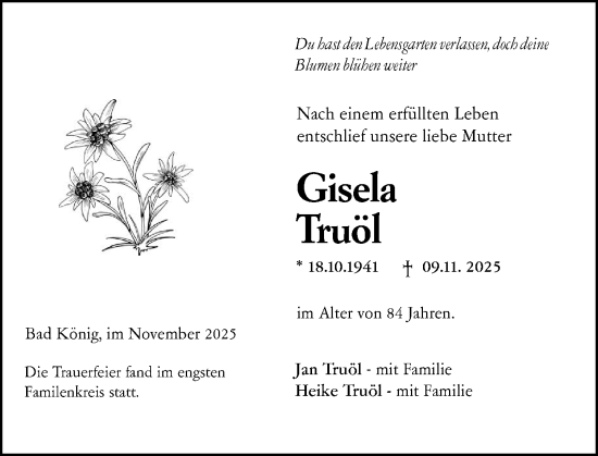Traueranzeige von Gisela Truöl von Odenwälder Echo