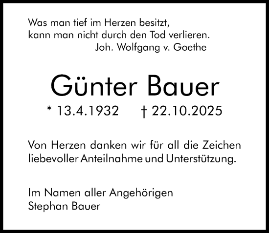 Traueranzeige von Günter Bauer von Binger-/Ingelheimer Wochenblatt