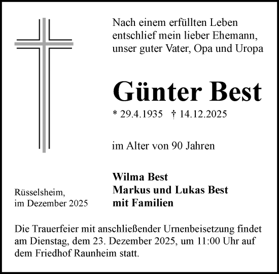 Traueranzeige von Günter Best von Rüsselsheimer Echo