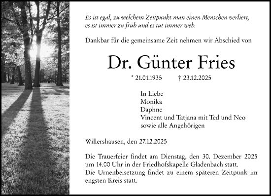 Traueranzeige von Günter Fries von Hinterländer Anzeiger