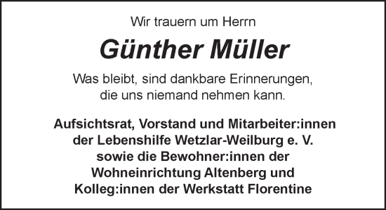 Traueranzeige von Günther Müller von Weilburger Tageblatt