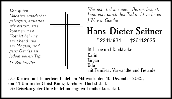 Traueranzeige von Hans-Dieter Seitner von Odenwälder Echo