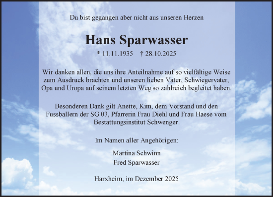 Traueranzeige von Hans Sparwasser von Allgemeine Zeitung Mainz