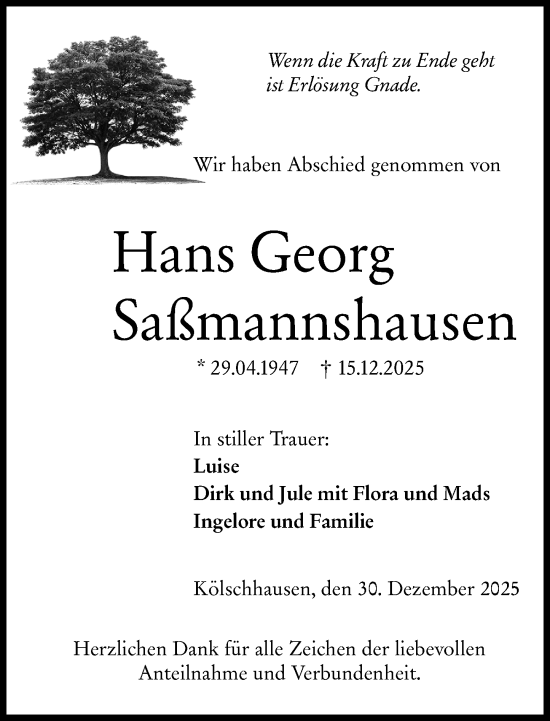 Traueranzeige von Hans Georg Saßmannshausen von Wetzlarer Neue Zeitung