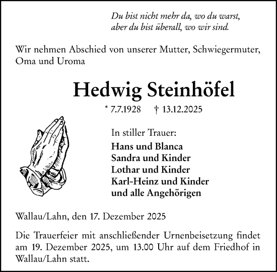 Traueranzeige von Hedwig Steinhöfel von Hinterländer Anzeiger