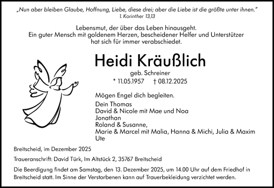 Traueranzeige von Heidi Kräußlich von Dill Block