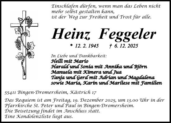 Traueranzeige von Heinz Feggeler von Binger-/Ingelheimer Wochenblatt