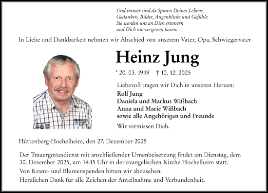 Traueranzeige von Heinz Jung von Wetzlarer Neue Zeitung