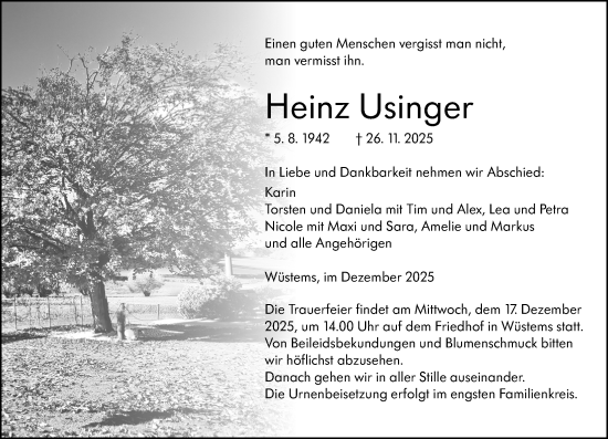 Traueranzeige von Heinz Usinger von Camberger Anzeiger