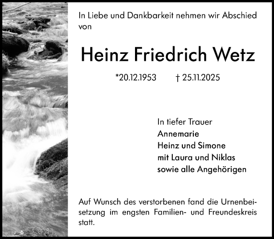Traueranzeige von Heinz Friedrich Wetz von Allgemeine Zeitung Mainz