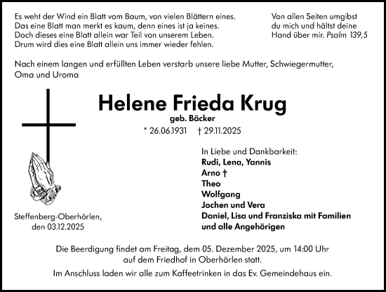 Traueranzeige von Helene Frieda Krug von Hinterländer Anzeiger