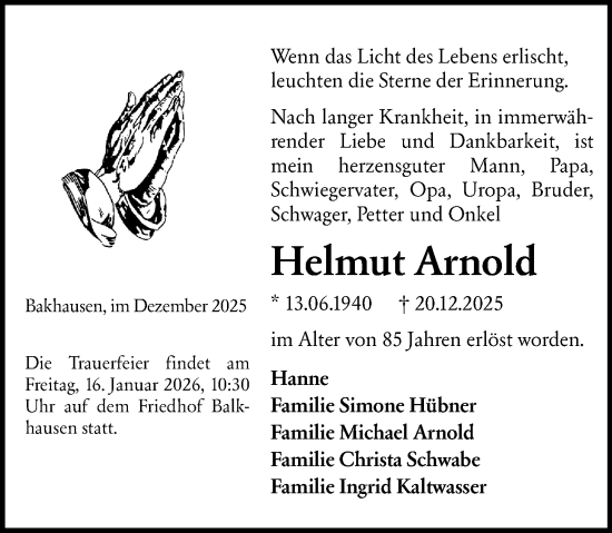 Traueranzeige von Helmut Arnold von Darmstädter Echo