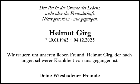 Traueranzeige von Helmut Girg von Wiesbadener Kurier