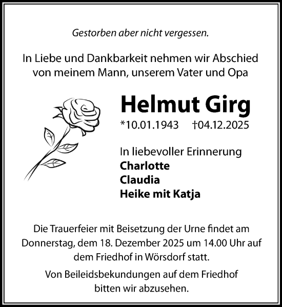Traueranzeige von Helmut Girg von Idsteiner Land/Untertaunus