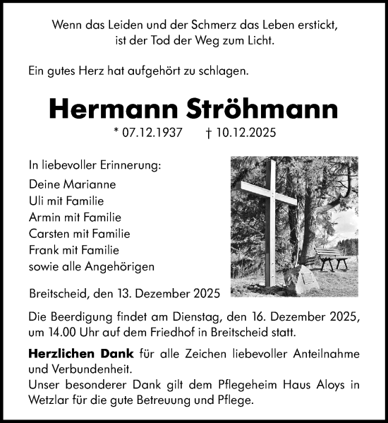 Traueranzeige von Hermann Ströhmann von Dill Block