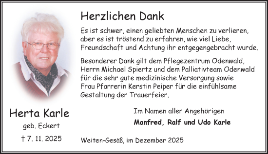 Traueranzeige von Herta Karle von Odenwälder Echo