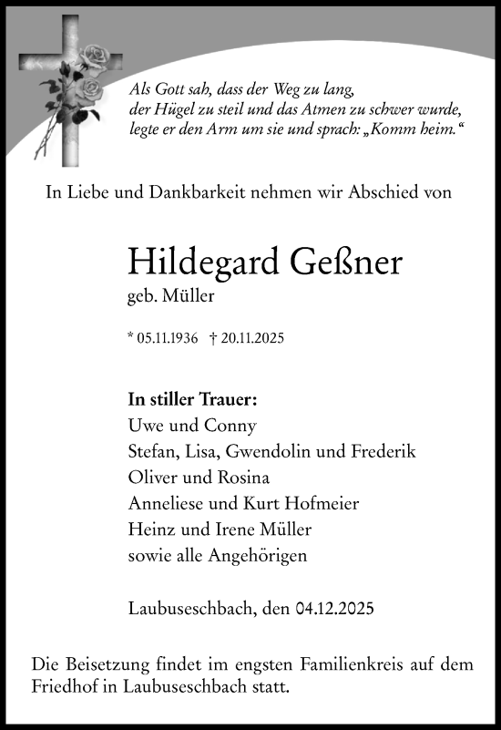 Traueranzeige von Hildegard Geßner von Weilburger Tageblatt