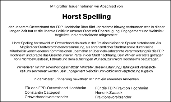 Traueranzeige von Horst Spelling von Hochheimer Zeitung
