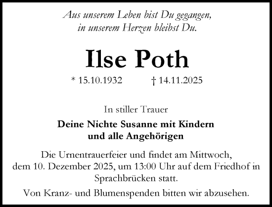 Traueranzeige von Ilse Poth von Darmstädter Echo