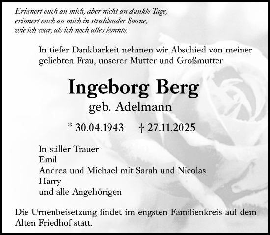 Traueranzeige von Ingeborg Berg von Darmstädter Echo