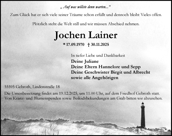 Traueranzeige von Jochen Lainer von Allgemeine Zeitung Mainz