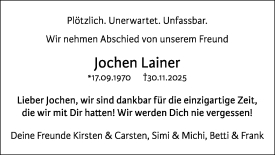 Traueranzeige von Jochen Lainer von Allgemeine Zeitung Mainz