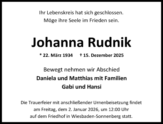 Traueranzeige von Johanna Rudnik von Wiesbadener Kurier
