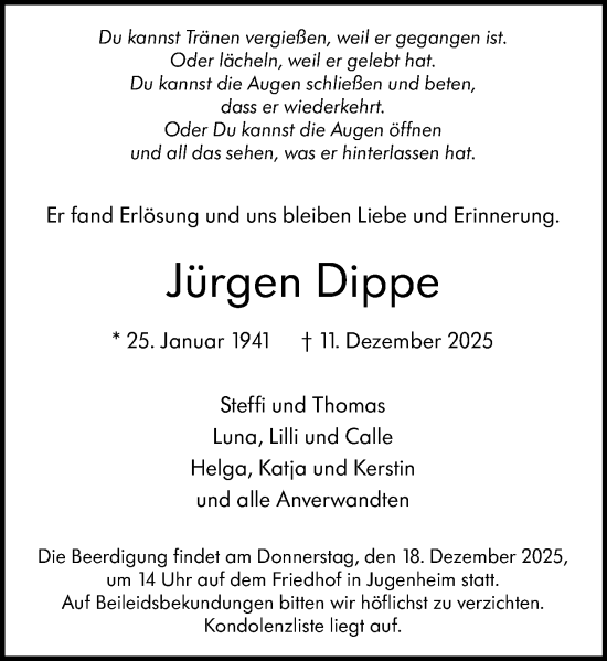 Traueranzeige von Jürgen Dippe von Darmstädter Echo
