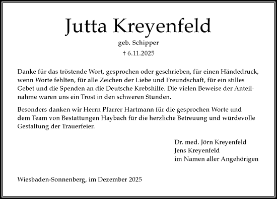 Traueranzeige von Jutta Kreyenfeld von Wiesbadener Kurier