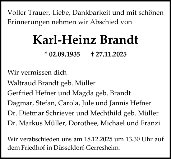 Traueranzeige von Karl-Heinz Brandt von Allgemeine Zeitung Mainz