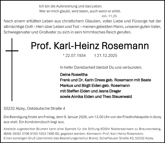 Traueranzeige von Karl-Heinz Rosemann von Allgemeine Zeitung Alzey