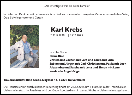 Traueranzeige von Karl Krebs von Allgemeine Zeitung Mainz