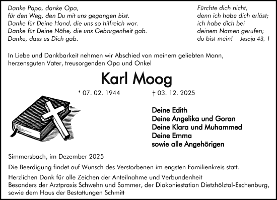 Traueranzeige von Karl Moog von Dill Block