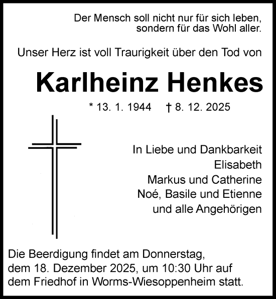 Traueranzeige von Karlheinz Henkes von Wormser Zeitung