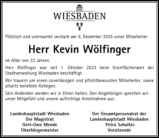 Traueranzeige von Kevin Wölfinger von Wiesbadener Kurier